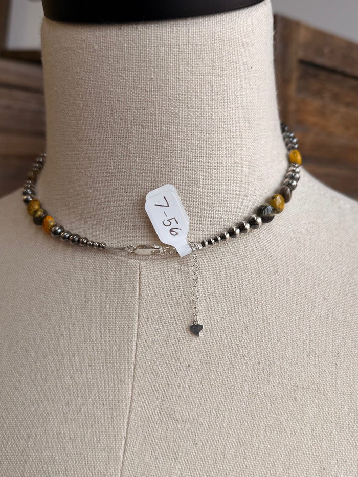 Sterling bumblebee jasper choker with small logo tag and dangling charm