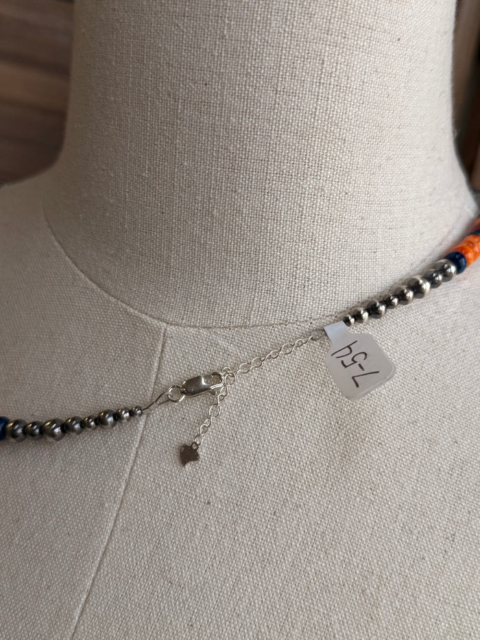 Sterling spiny oyster beaded necklace clasp with small charm tag on chain