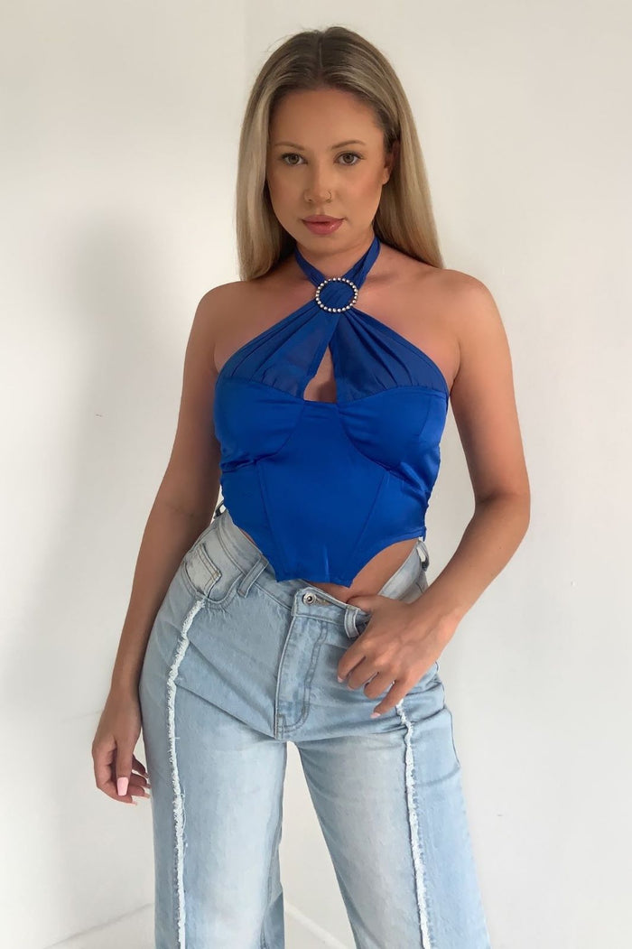 Aimee ' Satin & Mesh Halterneck Corset Top with Diamante Ring Detail - Cobalt