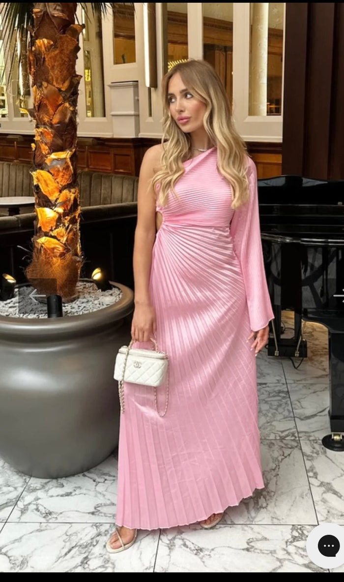 Annabelle Baby Pink Maxi Dress - One Sleeve Cut Out Pleated Design