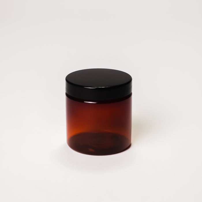 Rustic Strength, 4oz, Amber Plastic with black cap, Sample Jar