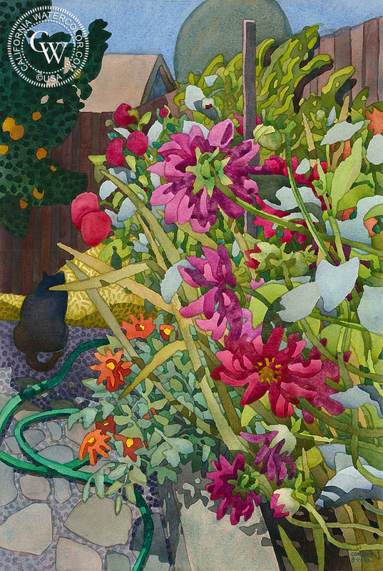 Barb's Garden, 1993, watercolor painting by Carolyn Lord (American art). Fine art giclée print reproduction by California Watercolor for wall decor.