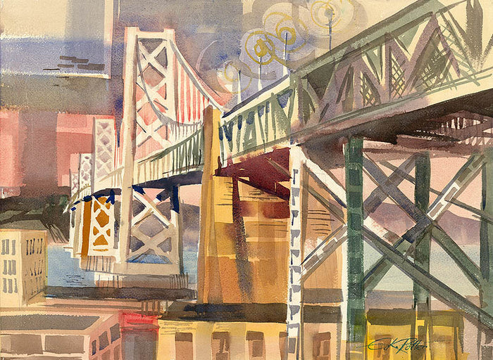 Bay Bridge, 1960, watercolor painting by Ken Potter (American art). Original painting and fine art giclée reproduction by California Watercolor for wall decor.