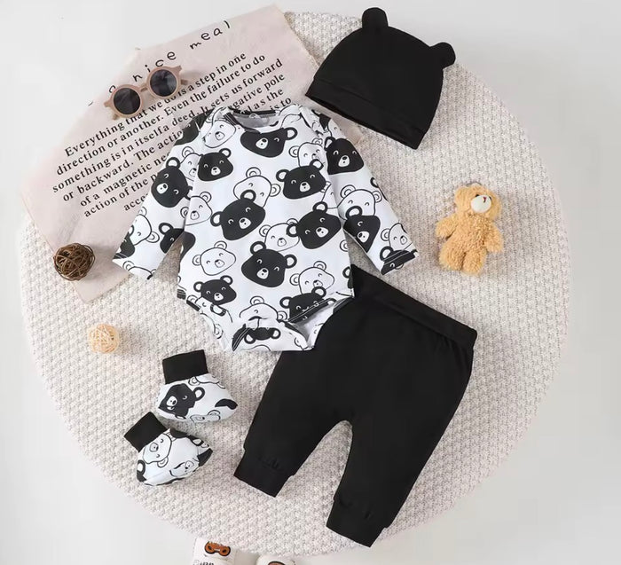 Bear Long Sleeve Bodysuit+Pants+Hat+Socks 4pcs