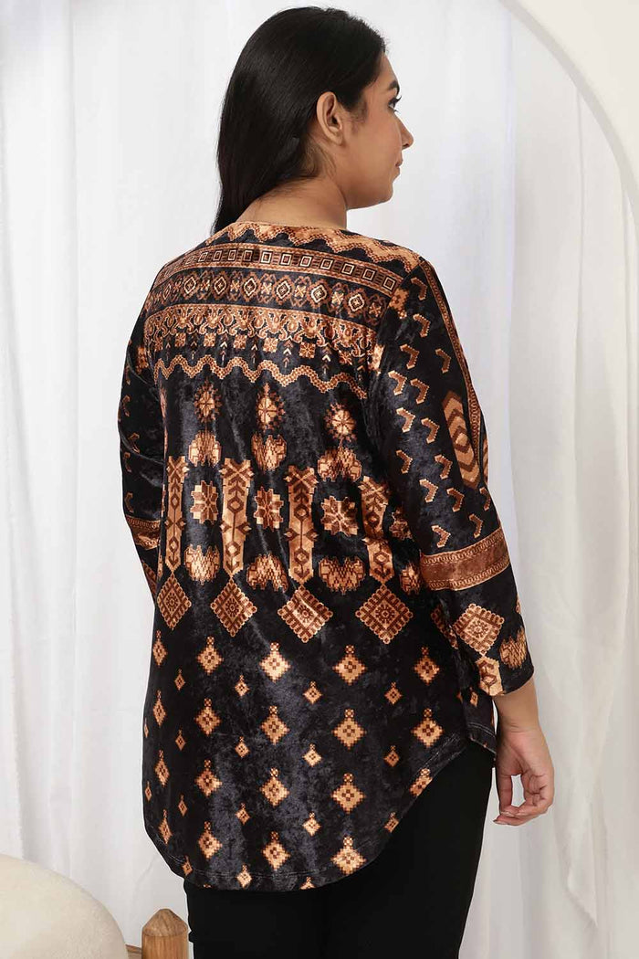 Black Printed V Neck Velvet Top