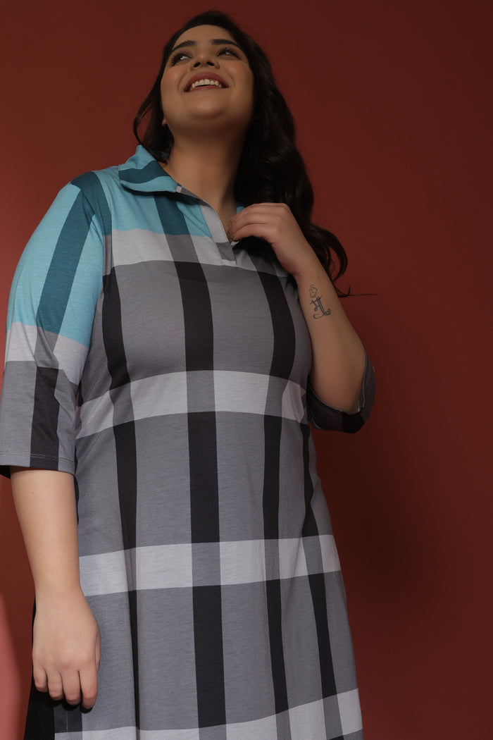 Blue Black Check Printed Kurta