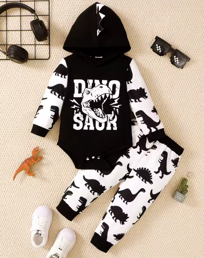 Boys Dinosaur Print Long Sleeved Hooded Sweatshirt Casual 2-Piece Set