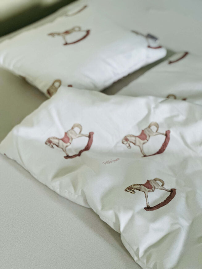 crib set rocking horse blanket and pillow - dusty pink
