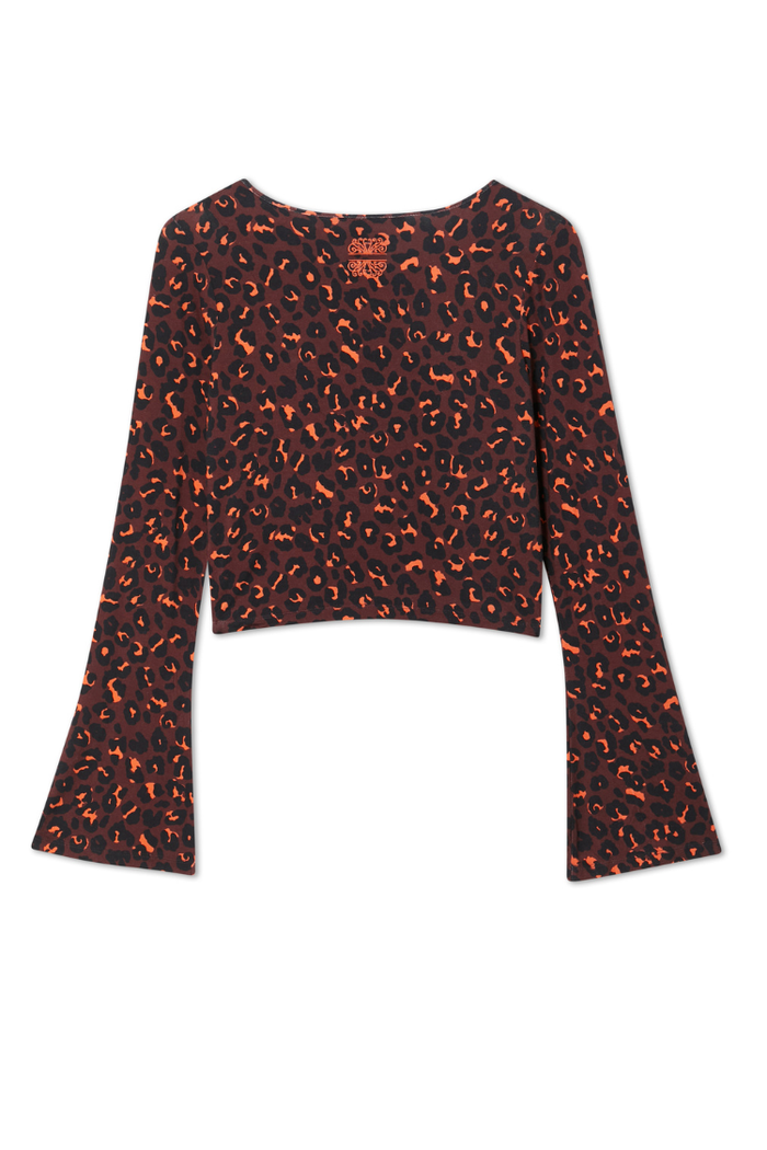 Dark Leopard Ballet Wrap in iconic leopard print with orange accents, flared sleeves, and back neck logo.