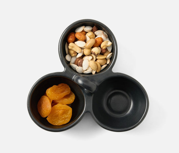 Black Desmond Glaze Triple Nut Dish by Blue Pheasant, 2206 serveware, shown in close-up with a glossy finish and three sections.