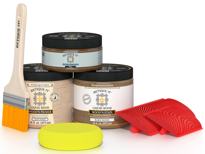 Retique It® Modern Walnut Wood Kit with primer, stains, brush, yellow sponge, and red graining tools.