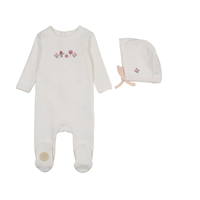footie embroidered garden with bonnet - ivory/pink