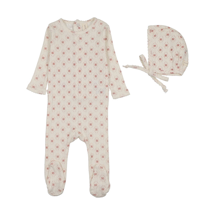 footie geo floral printed with bonnet - cream/pink