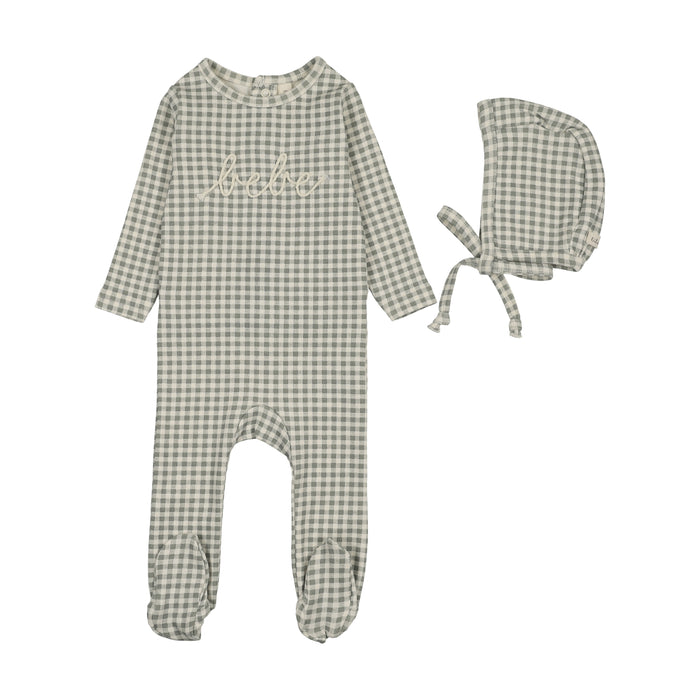 footie gingham bebe with bonnet - pale blue