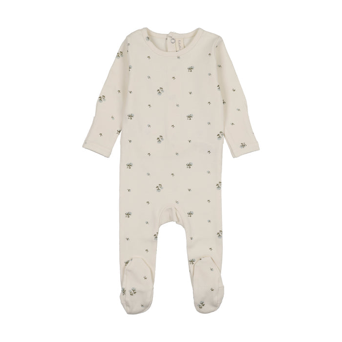 footie rosebud print - cream/blue