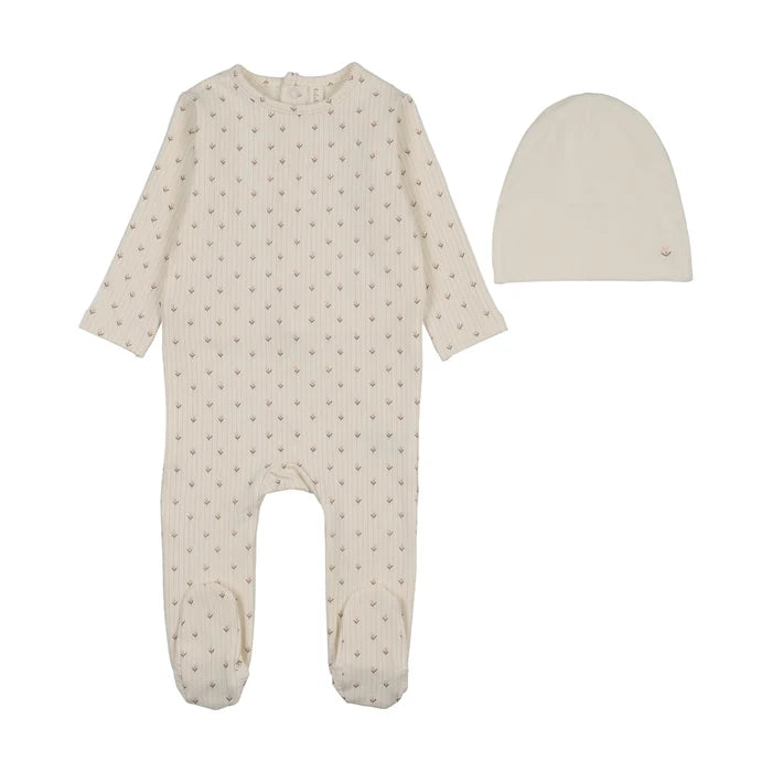 footie stripe print with beanie - cream/pink