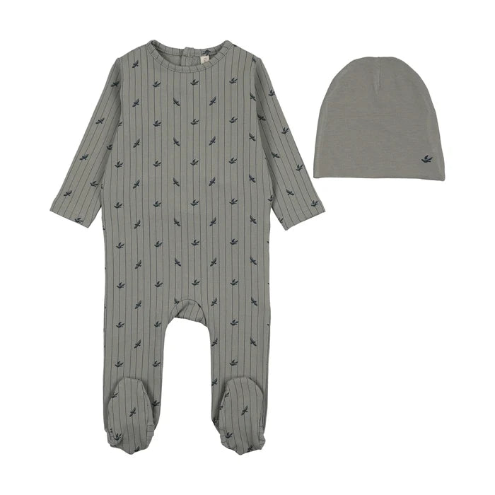 footie stripe print with beanie - light blue
