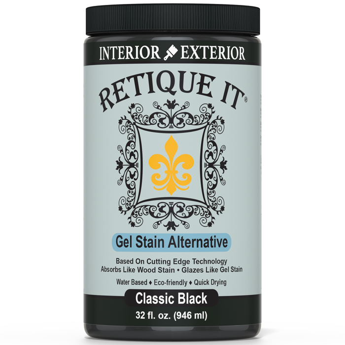 Retique It Gel Stain in Classic Black showing a smooth application surface and dark black finish on wood.