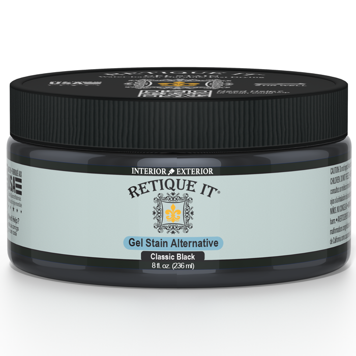 Retique It Gel Stain in Classic Black, showcasing a smooth application on wood surface with rich black color.