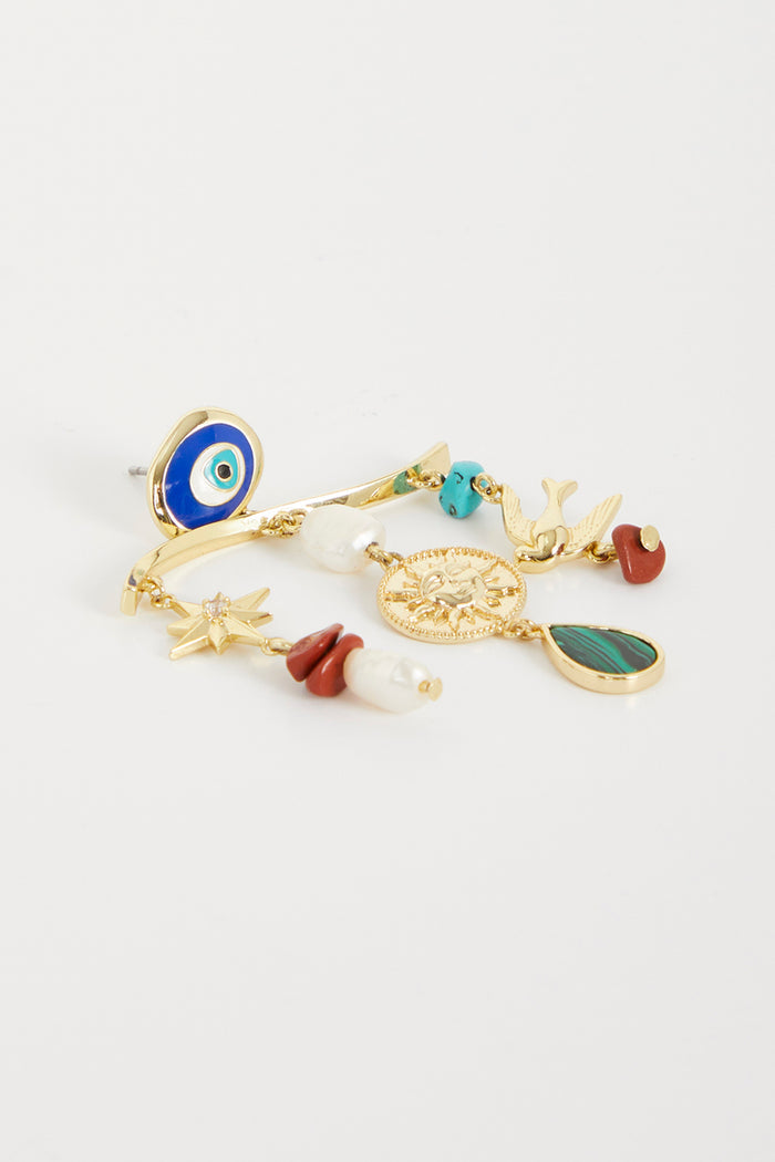 Gold Plated Balearic Charm Earring with blue evil eye, sun motif, pearls, and colourful semi-precious stones.
