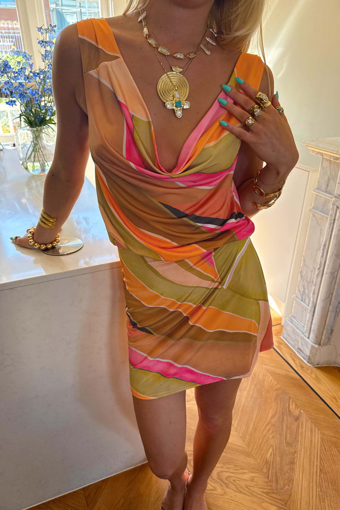 Green Abstract Leila Mini Dress featuring a deep cowl neckline and wavy print in orange, pink and green jersey.