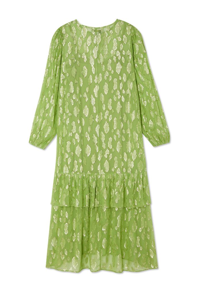 Green Jacquard Harmony Dress in olive with gold animal print, featuring a tiered skirt and long sleeves.