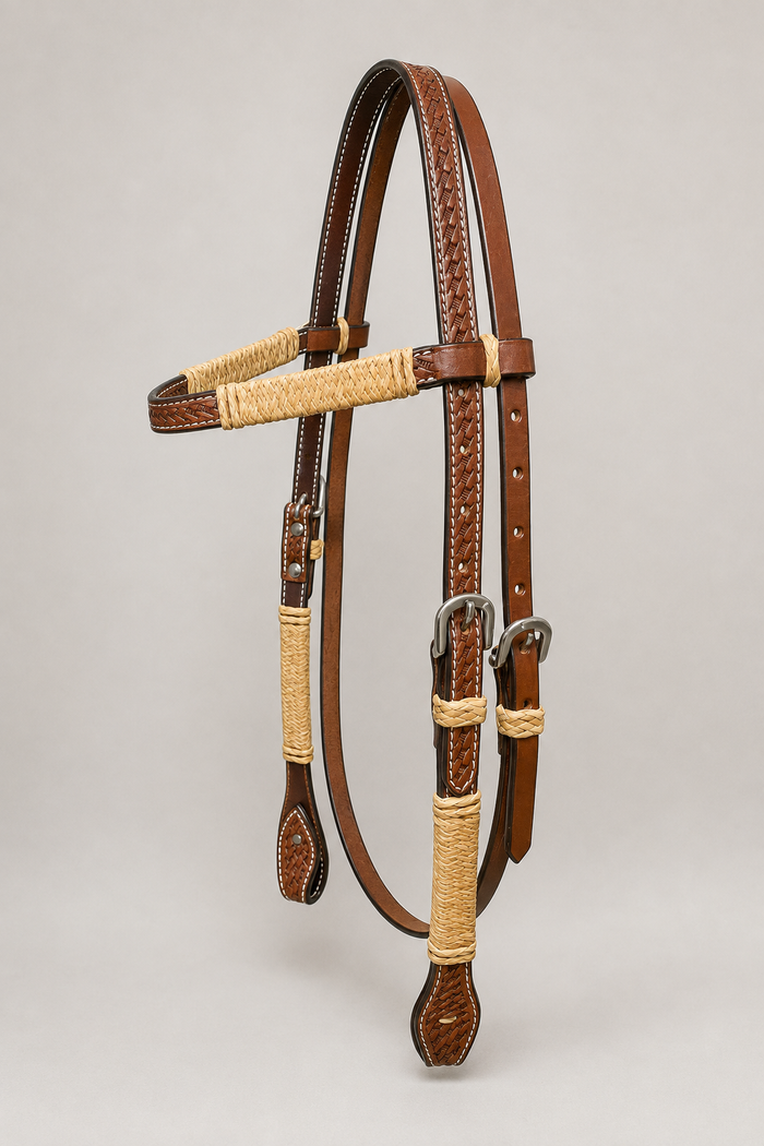 Headstall - HS164- 3/4" Browband Basketweave with Rawhide Accents