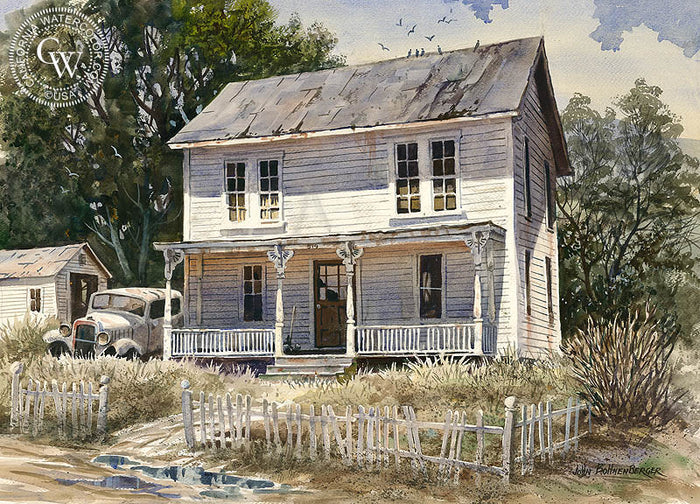 House of Old Memories, (Halloween House), watercolor painting by John Bohnenberger (American art). Original painting and fine art giclée reproduction by California Watercolor for wall decor.