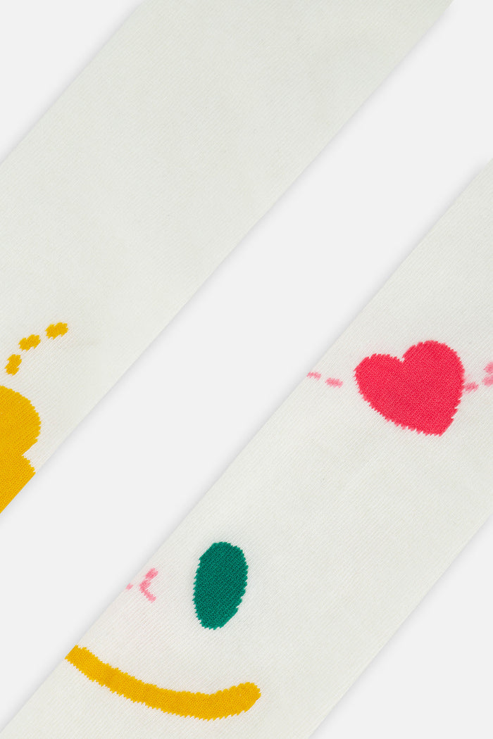 Deux par Deux girls' off-white knit tights with graphic details – close-up of the graphic details