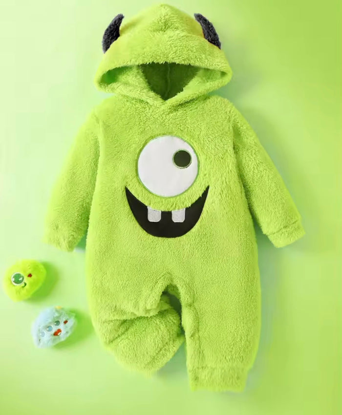 monster embroidered demon ear hat plush jumpsuit