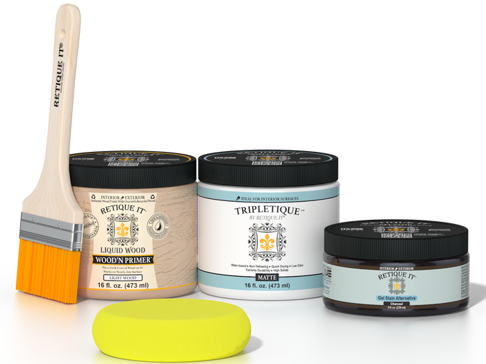 Retique It® Charcoal Brush-On Kit with Matte TripleTique® includes a brush, Light Wood primer, Charcoal Gel Stain Alternative, Matte TripleTique® top coat, and a yellow sponge.