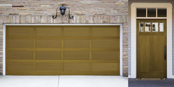 Retique It Wood'n Finish Kit in Old Oak for multi-purpose wood finishing, shown applied on a garage door.