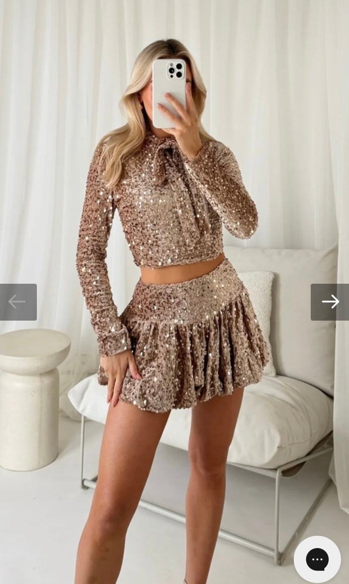 Nude Sequin Top Skirt Co-Ord Set with Puffball Skirt