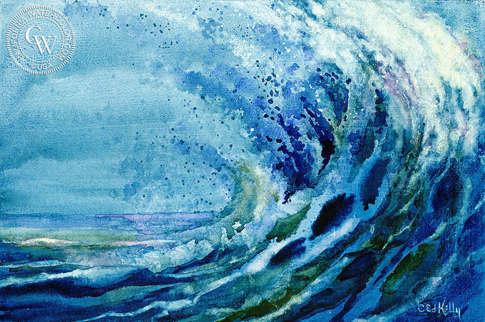 Ocean Wave Spray, watercolor painting by Ed Kelly (American art). Original painting and fine art giclée reproduction by California Watercolor for wall decor.