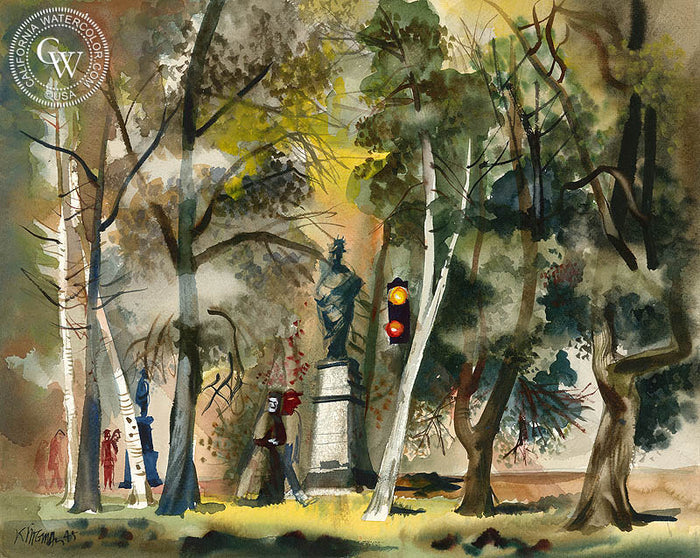Park Scene, 1945, watercolor painting by Dong Kingman (American art). Original painting and fine art giclée reproduction by California Watercolor for wall decor.