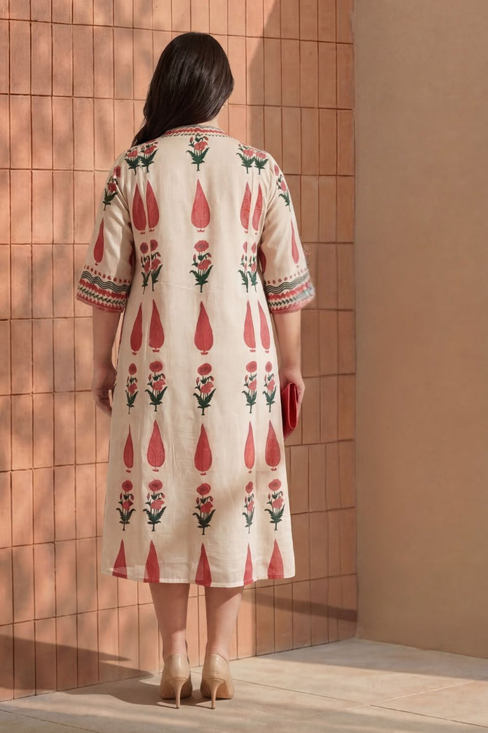 Plus Size Beige Floral Buta Print Cotton Midi Dress