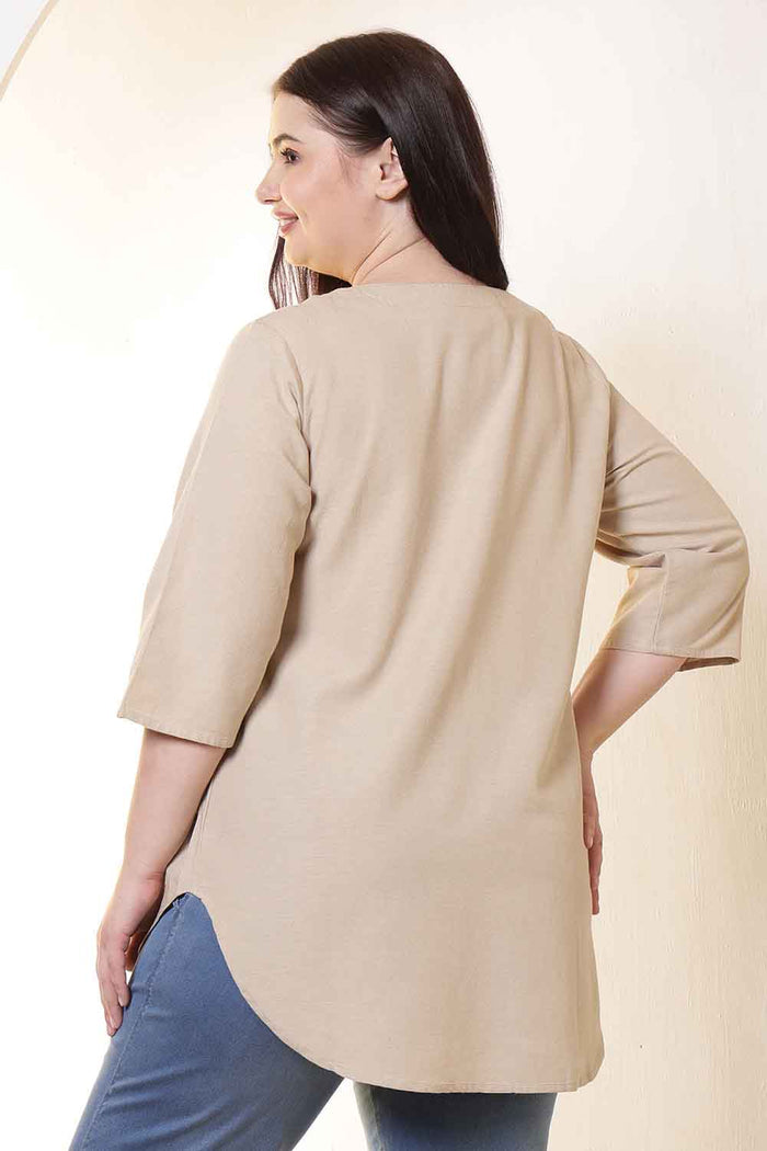 Plus Size Beige V-Neck Cotton Linen Top