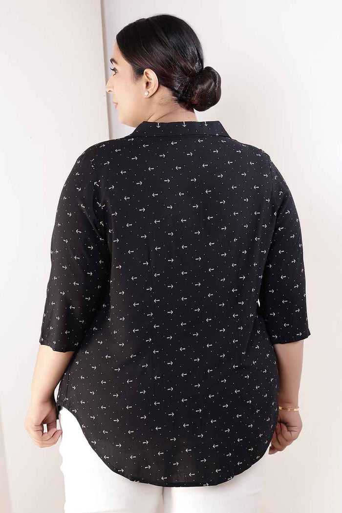Plus Size Black Anchor Print Cuban Collar Rayon Shirt