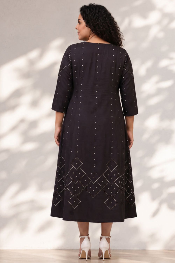 Plus Size Black Bandhej Print Midi Dress