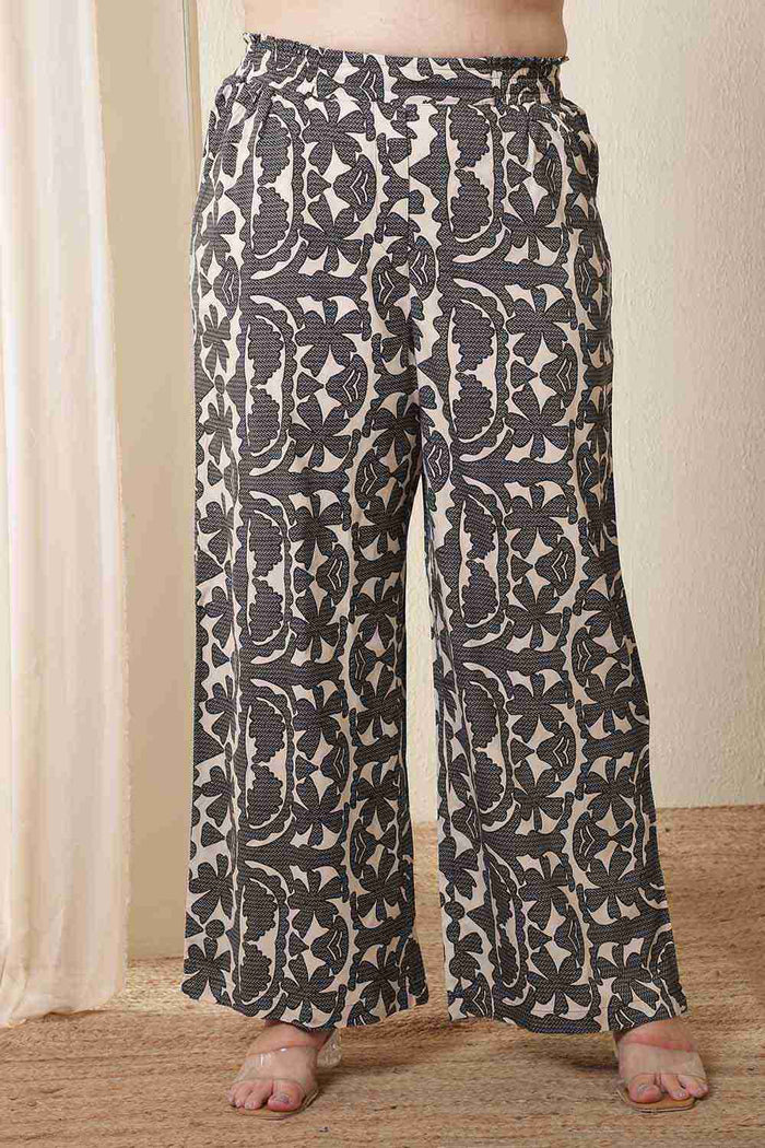 Plus Size Black & Beige Abstract Print Cotton Shirt Coord Set