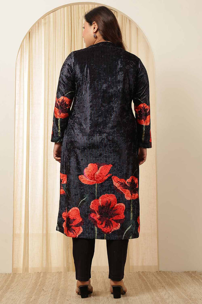 Plus Size Black Floral Borders Velvet Kurta
