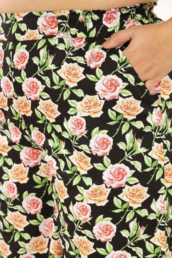 Plus Size Black Floral Flare Cotton Pants
