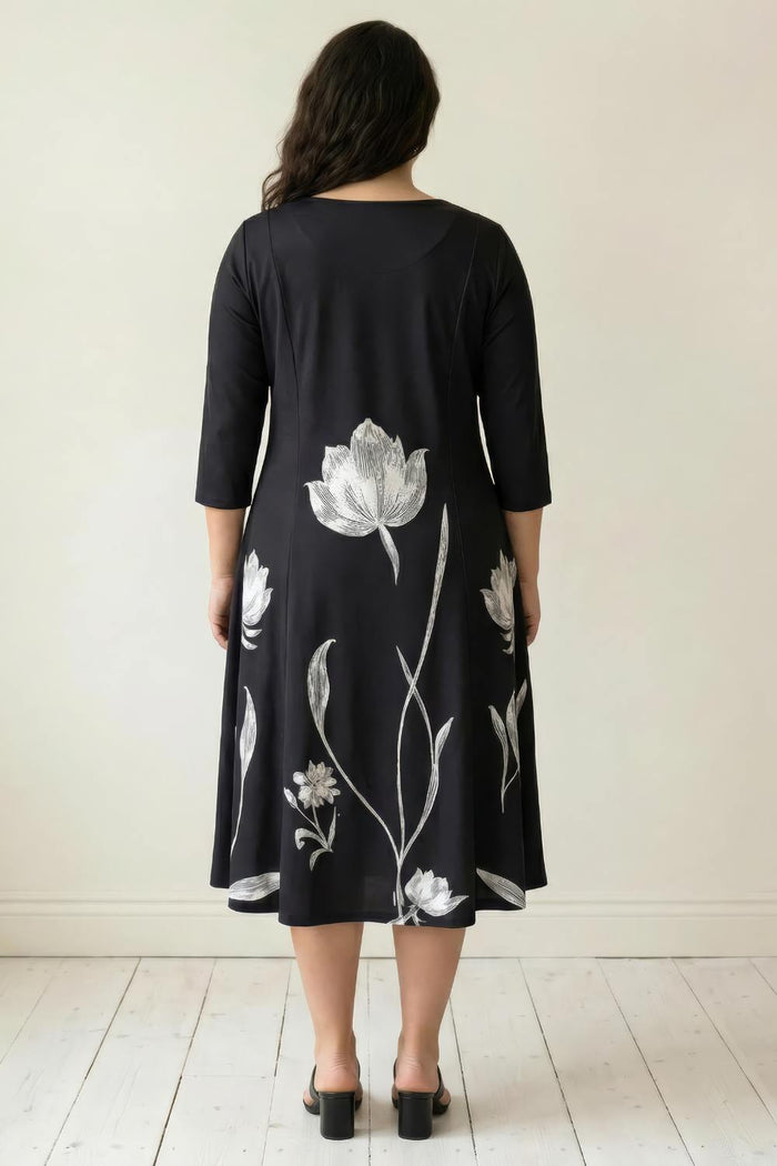Plus Size Black Floral Print A-Line Dress