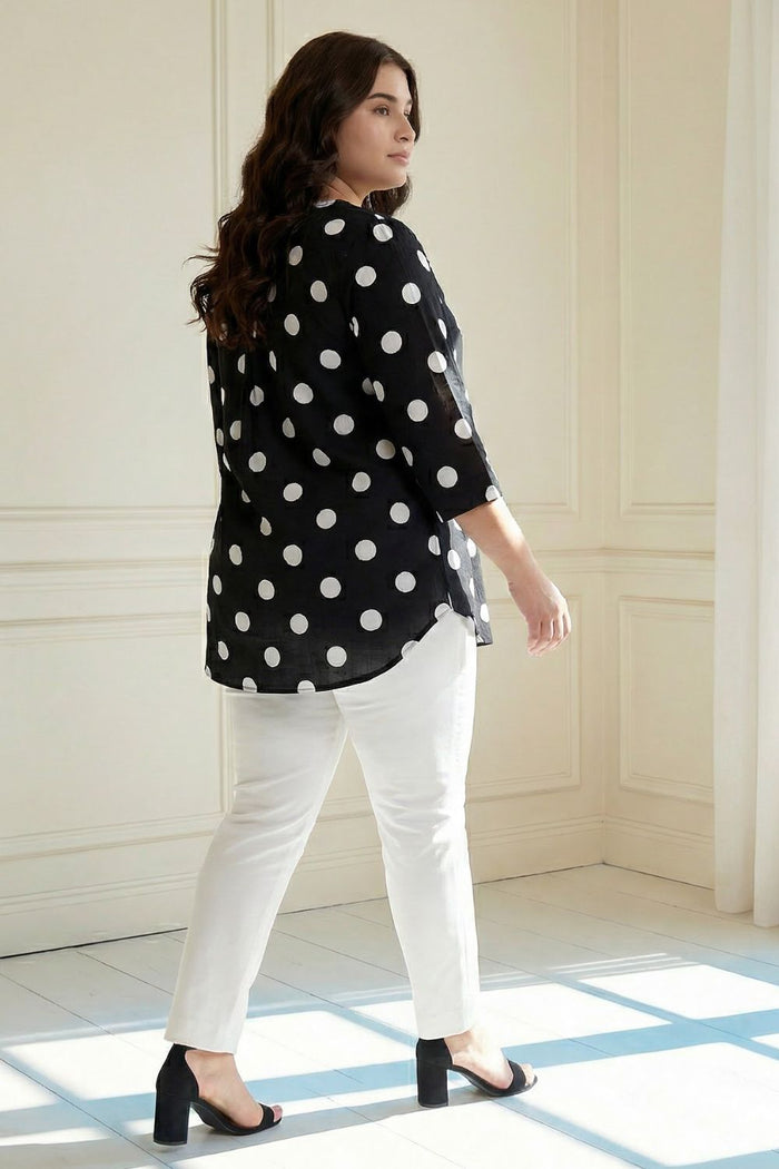 Plus Size Black Polka Print V Neck Rayon Top