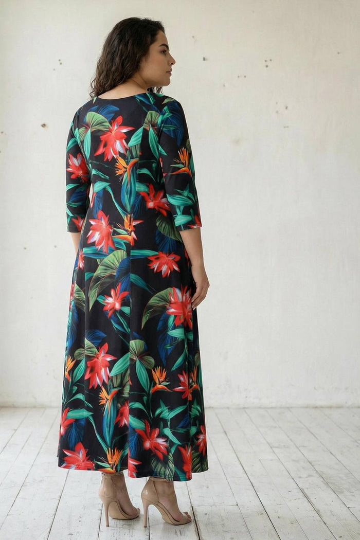 Plus Size Black Tropical Print Maxi Dress