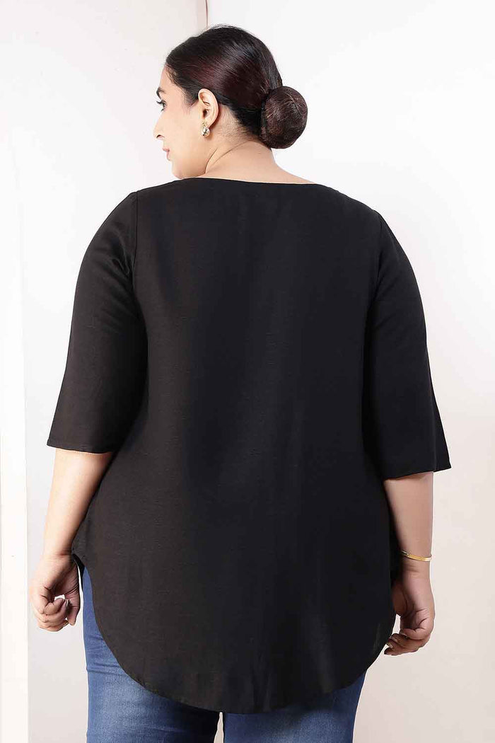 Plus Size Black V-Neck Cotton Linen Top