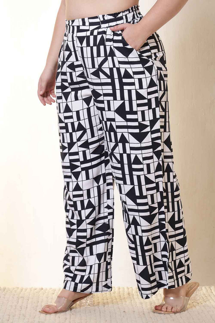 Plus Size Black & White Geometric Print Cotton Shirt Coord Set