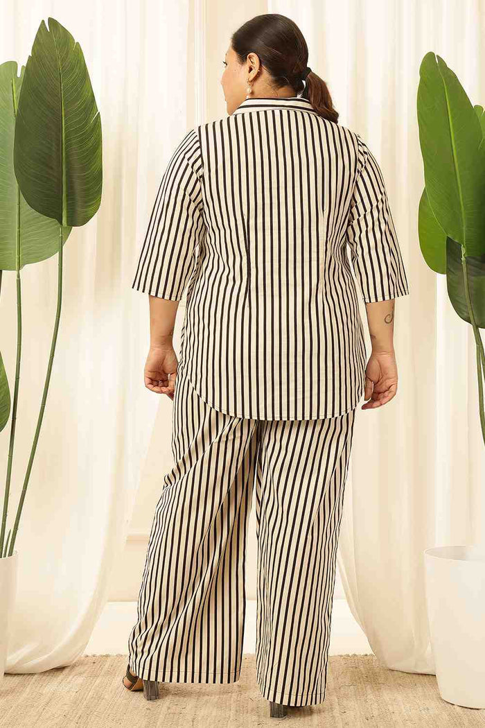Plus Size Black & White Striped Cotton Shirt Coord Set