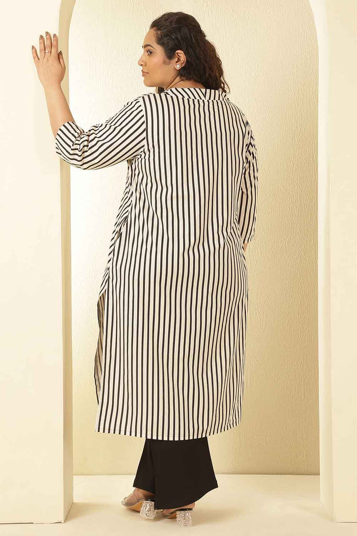 Plus Size Black & White Striped Cotton V Neck Kurta