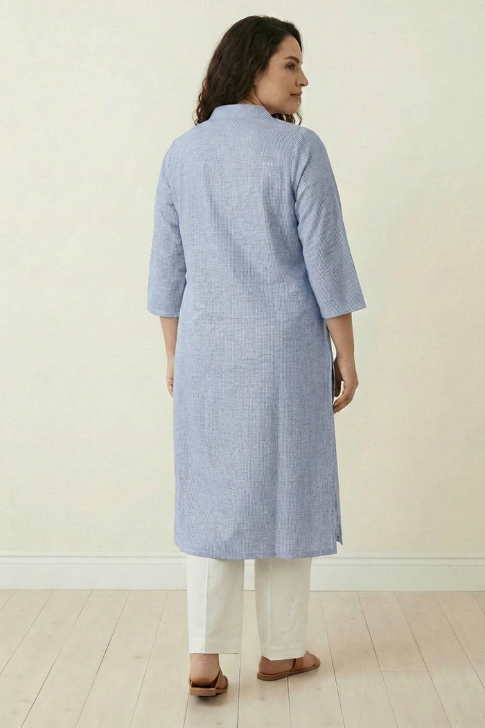 Plus Size Blue Chambray Pinstripe V-Neck Kurta
